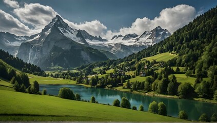 wide side view, mountain, forrest landscape, lake and waterfall, valley with fields, switzerland inspiration, nikon d5600 photography