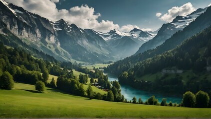 wide side view, mountain, forrest landscape, lake and waterfall, valley with fields, switzerland...