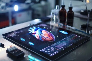 3D heart. Bright minimalistic lab room with a large tablet showing a vibrant blue scifi holographic , laid on a table