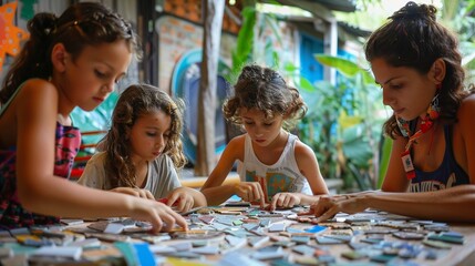 A lively art class at home where children and their mother learn to make mosaics from broken tiles.