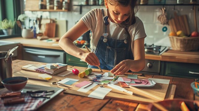 A kitchen table transformed into a crafting station with a mother and child creating a scrapbook full of family memories.