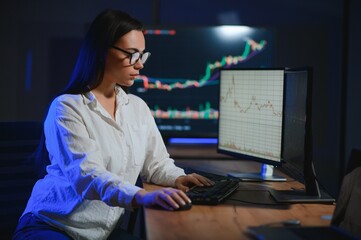 Woman trader. Lady invests through computer. Businesswoman keeps track of stock price