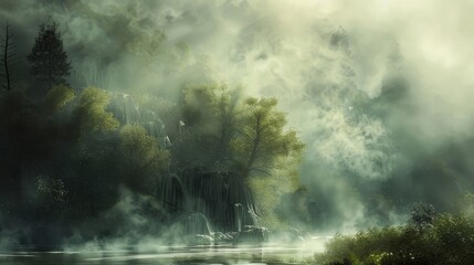 Obraz premium Ethereal mist envelops surreal landscape adding enchantment wallpaper