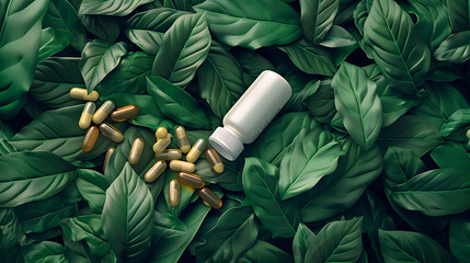 Herbal drug and Bottle on leaves. Herbal supplement capsules on green leaves background, capsules with inner glow.