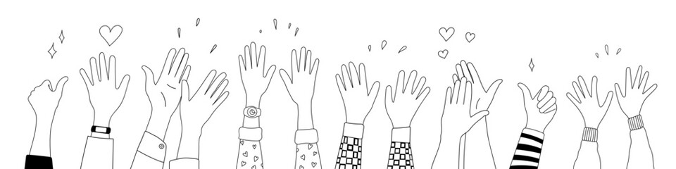 Doodle sketch hands up gestures comic icons silhouettes vector set. Group of line art fun comic hands in the air. Voting or happy congratulation audience recognition symbols.