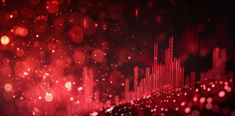 Red stock market graph background with bokeh lights and holographic elements for a financial business concept.