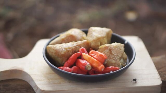 fried gehu with red chilies, a typical Indonesian food