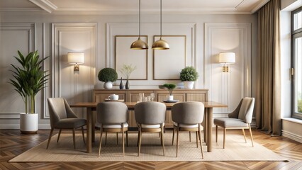Fototapeta premium Elegant Dining Room Frame Mockup: An elegant dining room setting with a frame mockup displayed on a sideboard or hung near a dining table, contributing to a refined and understated ambiance. 