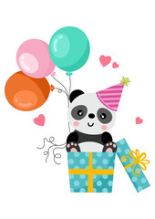Surprise happy birthday box gift with panda holding balloons