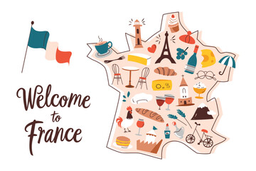 France map with doodles, french national symbols on country shape, travelling to Paris, Eifel tower vector illustration, cartoon composition with lettering, welcome to France, geography drawing