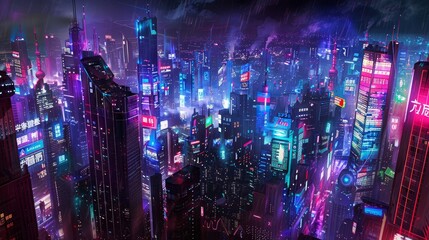 Cyberpunk cityscape with neon lights holographic ads towering skyscrapers wallpaper