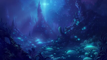 Surreal underwater scene bioluminescent creatures drift abyssal ocean wallpaper