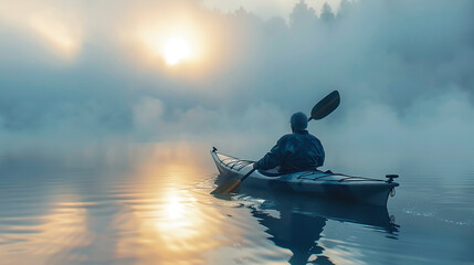 Serene Dawn: Elderly Adventurer Kayaking Alone