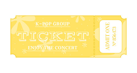 Ticket to a k-pop group concert decorated with flowers. Vector illustration isolated on white background
