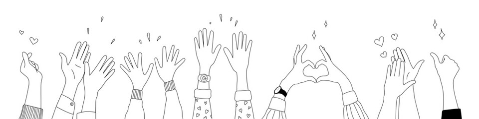 Fototapeta premium Doodle sketch hands up gestures comic icons silhouettes vector set. Group of line art fun comic hands in the air. Voting or happy congratulation audience recognition symbols.