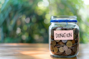 Donation Jar Filled with Coins on Wooden Table