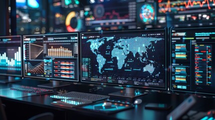 Multiple screens display interactive global data, graphs, and maps in a high-tech monitoring room.