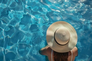 Top view of a woman wearing a sun hat relaxing at a swimming pool with blue water during a summer vacation, depicting a travel and spa concept. 