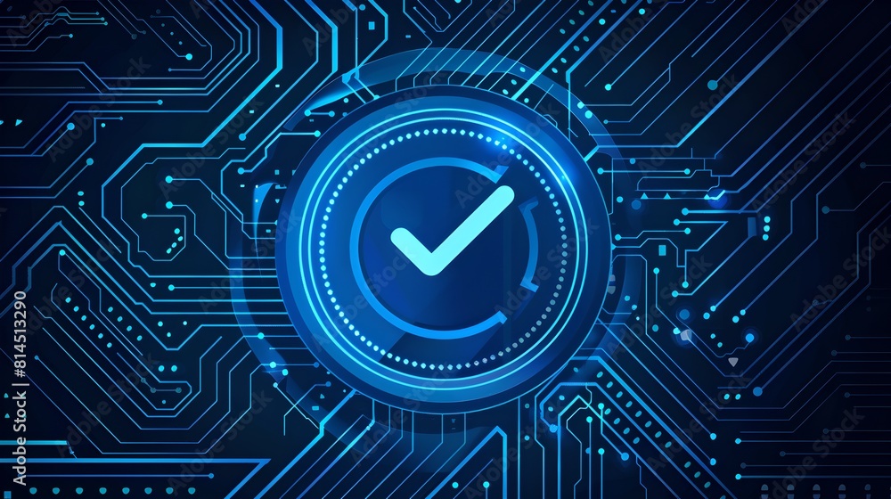 Poster abstract technological background with glowing check mark. digital verification concept. blue cyber 