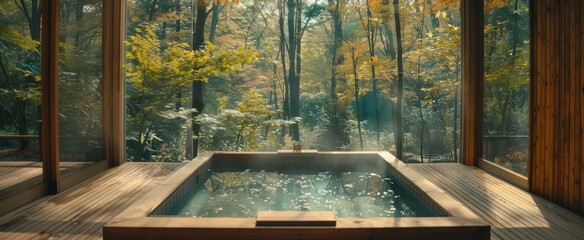 An outdoor hot spring, surrounded by trees, embodies ethereal minimalism with wooden elements.