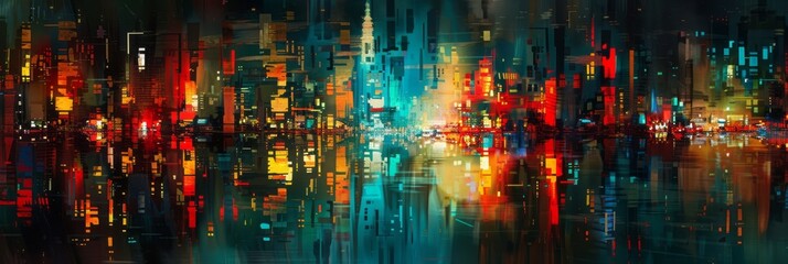 An abstract painting illuminates a city with multiple colors, using digital painting techniques in cyan and azure, creating atmospheric horizons.