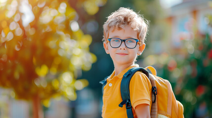 Happy smiling kid in glasses is going to school for the first time. Child boy with bag go to elementary school. Child of primary school. Pupil go study with backpack. Back to school