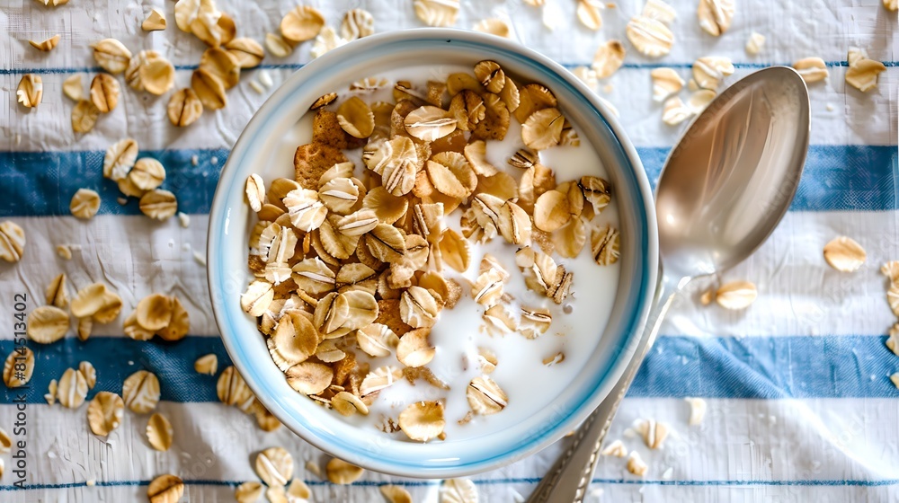 Wall mural Healthy breakfast bowl with oats, milk, on striped tablecloth. Nutritious cereal meal. Clean eating concept. AI