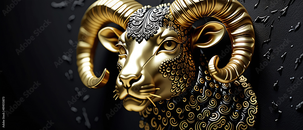 Wall mural 3D print design for interior, wall, wallpaper, canvas. 3d gold ram on black beautiful texture background. Beautiful 3D print design for interior, wall, wallpaper, canvas. 3d gold leopard on black