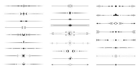 Set tribal ethnic arrow dividers, native indian bow boho in doodle style isolated on white background. Collection borders, decoration elements