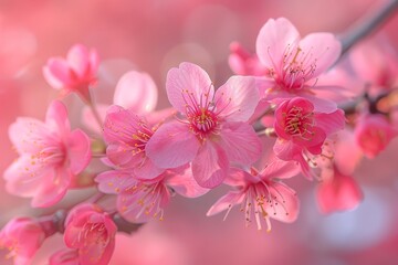 Fototapeta premium Japanese Cherry Blossom Tree: Close-up of delicate pink blossoms against a blurred background. 