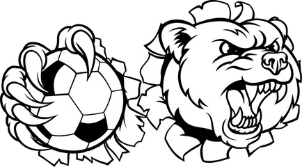 A grizzly bear soccer football animal mascot holding a ball in his claw