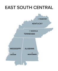 East South Central states, gray political map. United States Census division of the South region, consisting of the states Alabama, Kentucky, Mississippi, and Tennessee. Isolated illustration. Vector