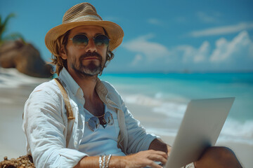 Fototapeta premium A man using laptop at the beach