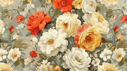 A pattern showcasing delicate vintage-inspired flowers like roses, daisies, and tulips.