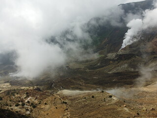 The drone view of Papandayan Mountain in Garut Regency, West Java, Indonesia. It was taken on May 14 2024 by a professional. It's an iconic mountain in this regency