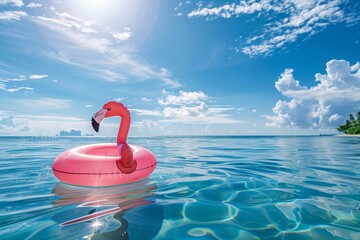 Inflatable flamingo floating in the pool, blue sky and sea background with islands on horizon,...