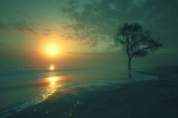 Voluminous Giant Tree Enchants Luminous Beach with Stunning Volumetric Lighting