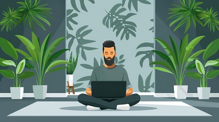 A man is sitting on the floor with a laptop in front of various potted plants, focusing on his work in a green environment