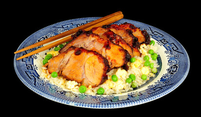 Sliced Chinese Char Sui pork meat meal with egg fried rice