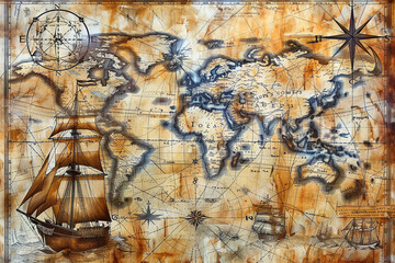 Abstract background on the theme of travel, adventure and discovery Old hand drawn map with vintage sailing yachts, wind rose, routs, nautical symbols and handwritten inscriptions 