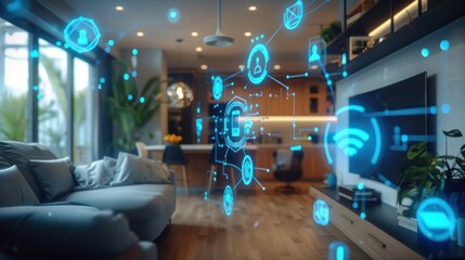 Futuristic smart home interior with connected devices and floating blue digital symbols for modern living