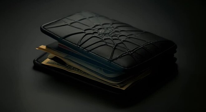 Realistic 3D model of a minimalist wallet with cobwebs, financial neglect,