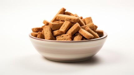 Fototapeta premium Detailing Nutritious Pet Meals: Close-up Shot of Dry Dog Food in a Bowl, Set against a Bright White Background, Captured with Real Photography