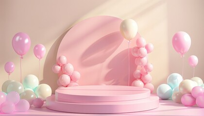A playful pink podium surrounded by balloons, suitable for birthday or Mother's Day presentations in a pastel-themed stage environment
