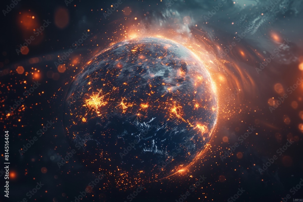 Poster abstract digital glowing planet earth with lights and data connections on a dark background, concept