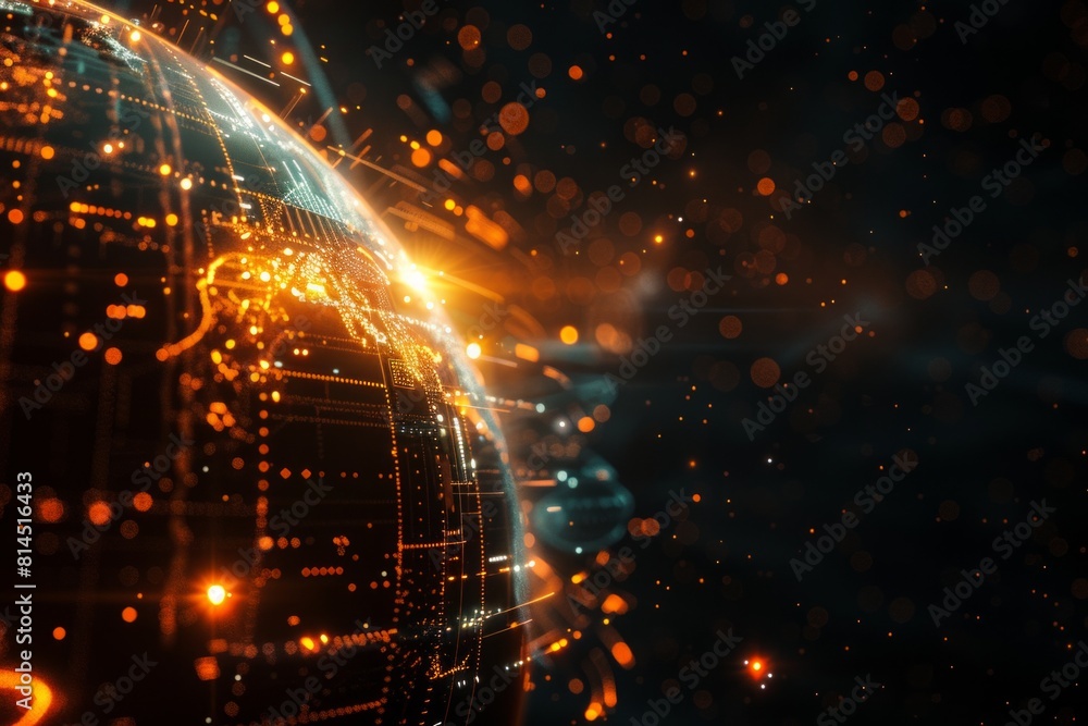 Poster abstract digital glowing planet earth with lights and data connections on a dark background, concept