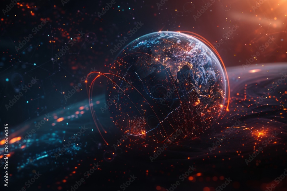 Poster abstract digital glowing planet earth with lights and data connections on a dark background, concept