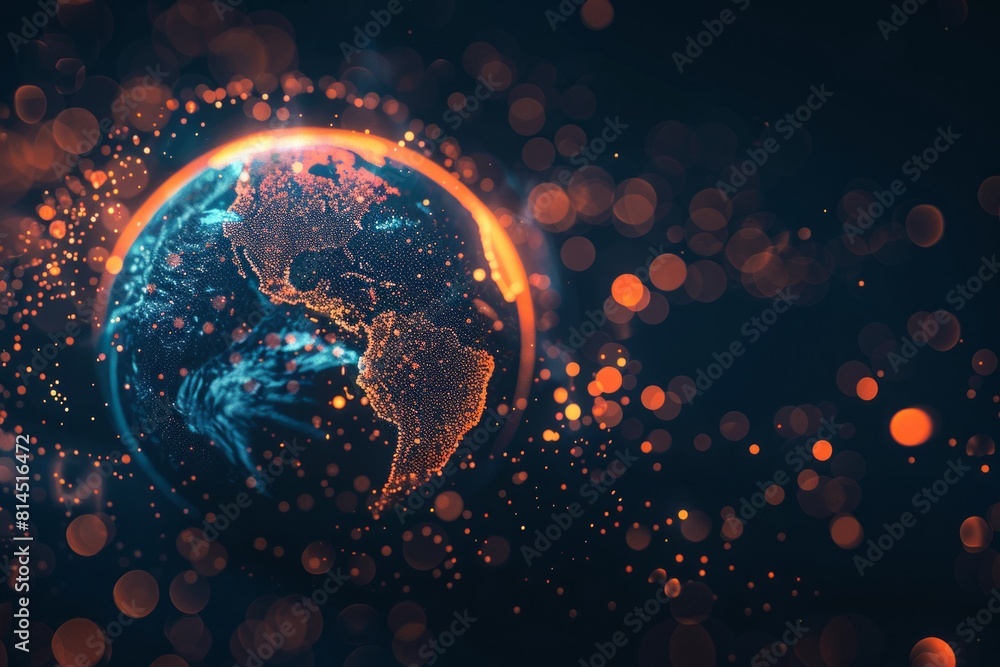 Poster abstract digital glowing planet earth with lights and data connections on a dark background, concept