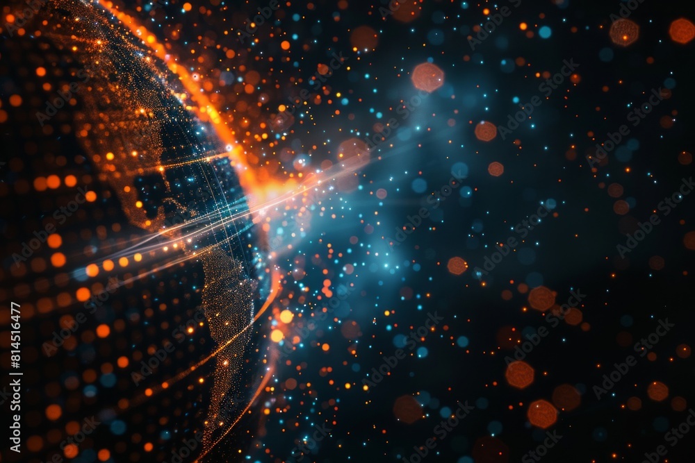 Poster abstract digital glowing planet earth with lights and data connections on a dark background, concept