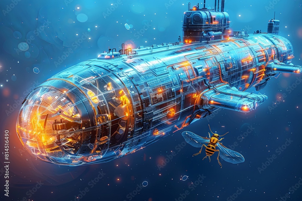 Poster wondrous futuristic submarine with hovering insect in isometric view